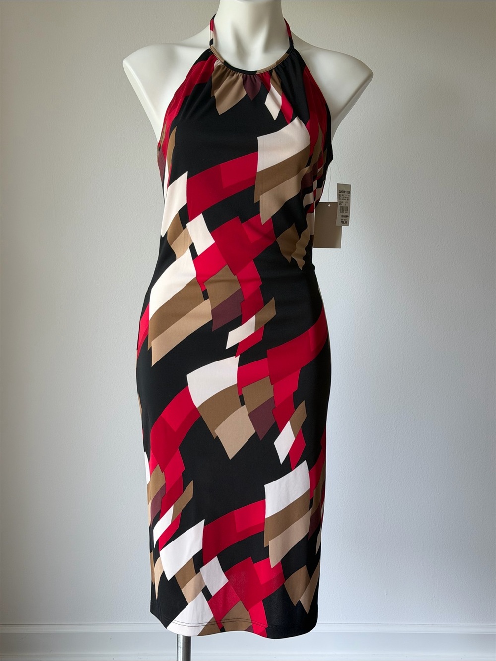 Halter Midi Dress in Black, Red, White & Brown Geo Print